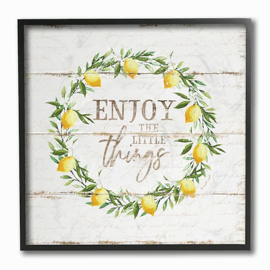 Stupell Industries Distressed Enjoy the Little Things Phrase Lemon Wreath Black Framed Wall Art